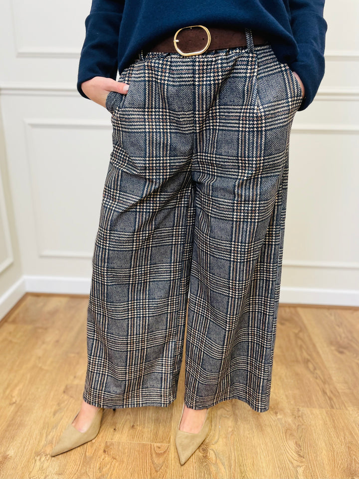 "ALANI" Check Print Trouser-Navy/Cream & Brown