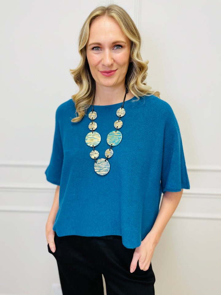 "ALICE” Short Sleeve Fine Knit-Teal