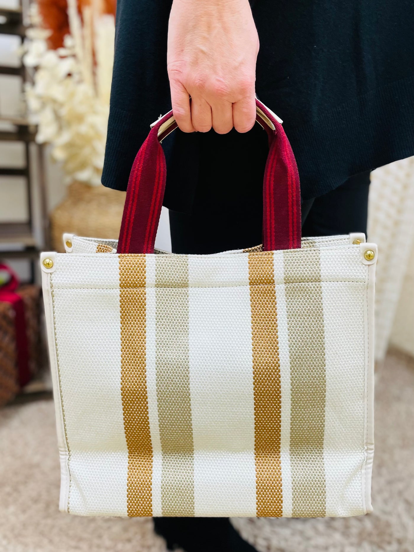 Stripe Print Handbag-Cream/Tam & Mocha