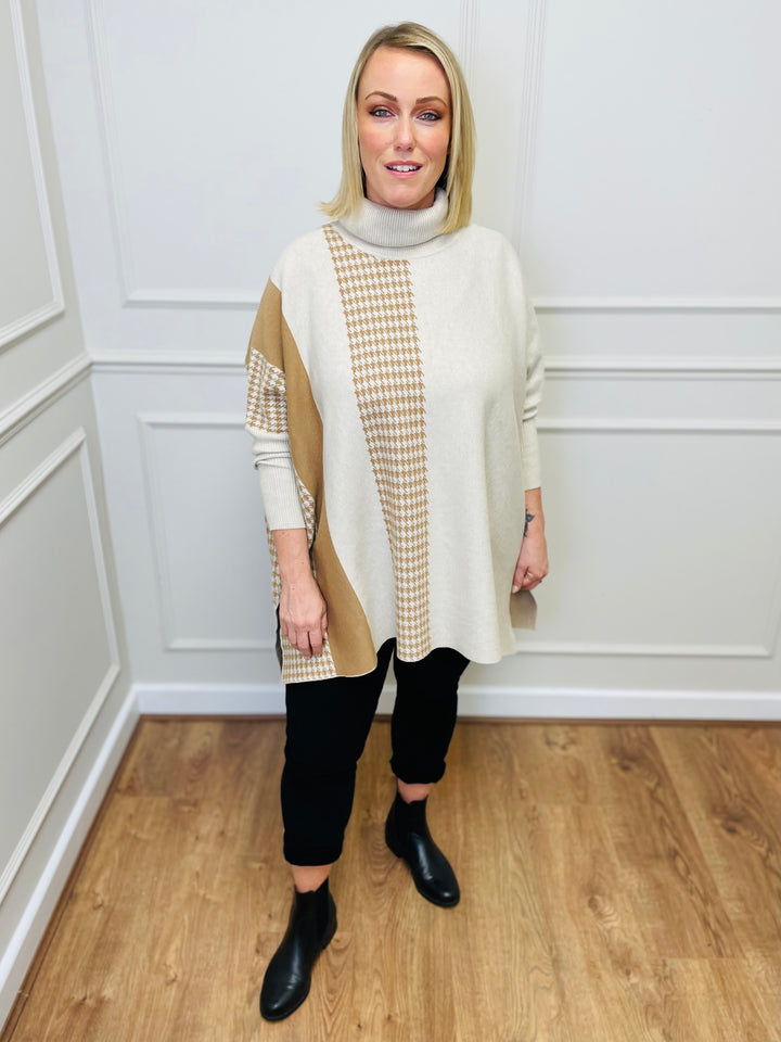 "DANIELA" Houndstooth Print Poncho-Cream & Tan