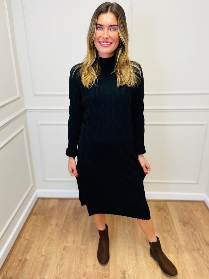 "ELY" Cable Knit Midi Dress-Black