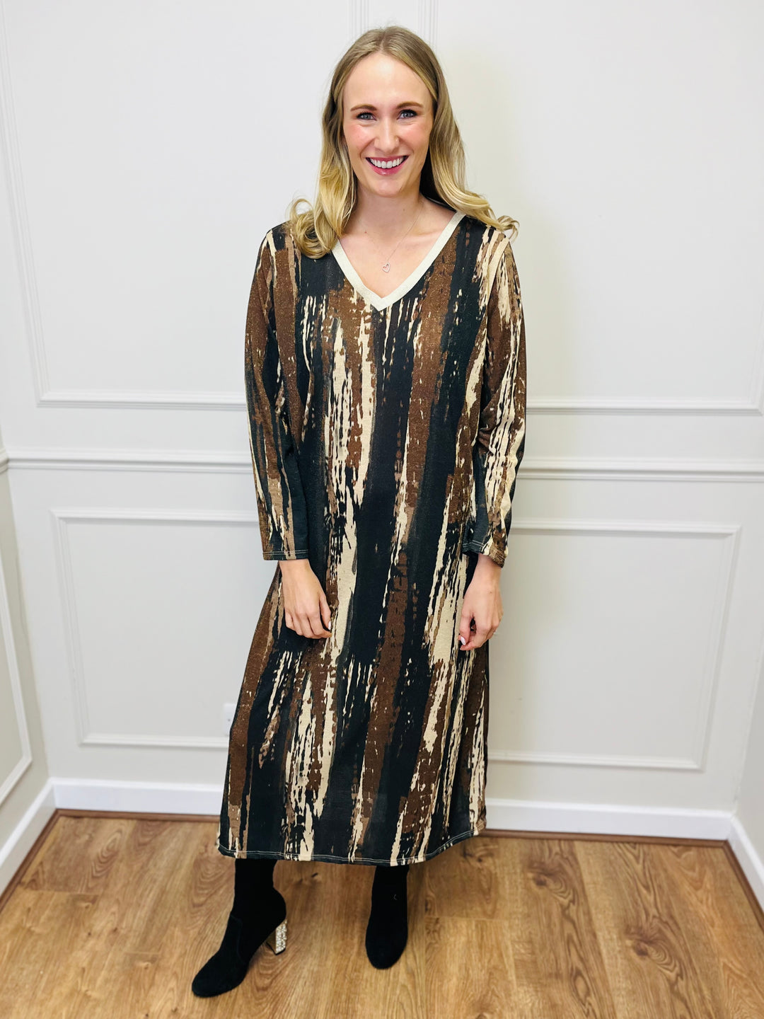 "SANDY" Artistic Print Maxi Dress-Brown