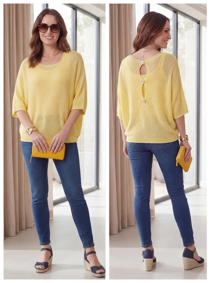 "KACEY” Button Back Fine Knit Top - Yellow