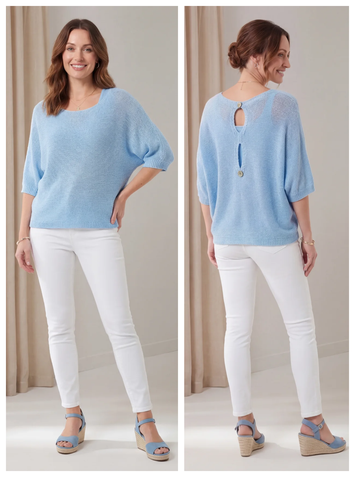 "KACEY” Button Back Fine Knit Top - Sky Blue