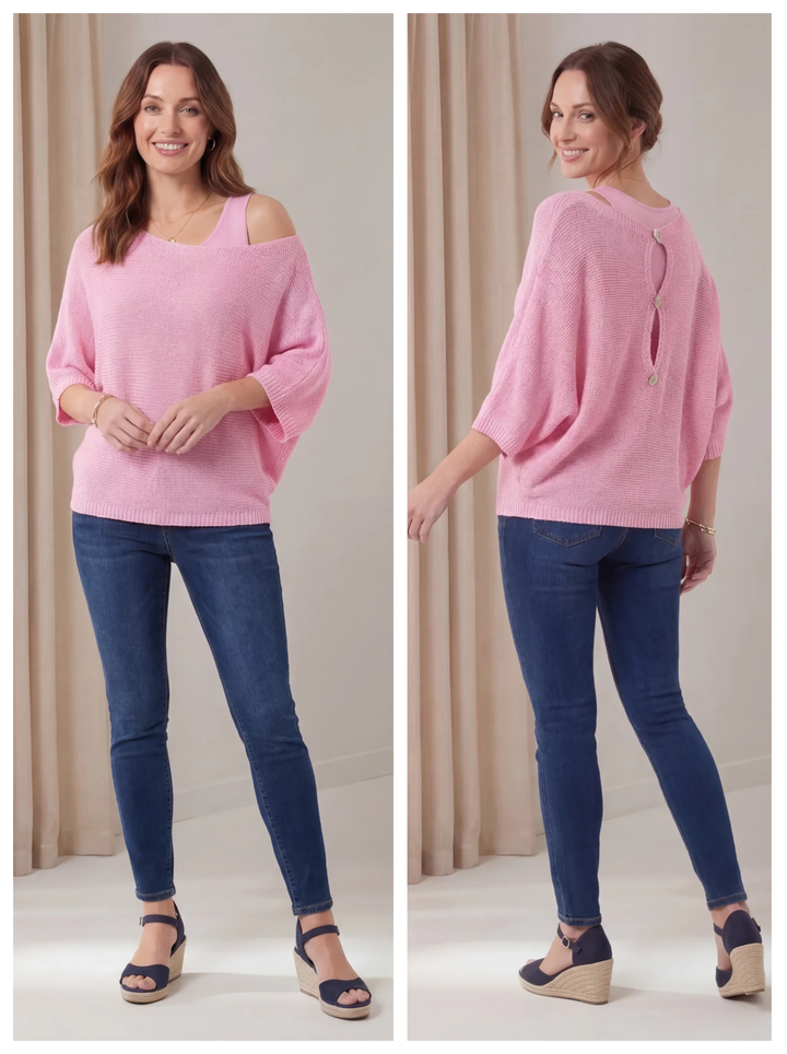 "KACEY” Button Back Fine Knit Top - Baby Pink