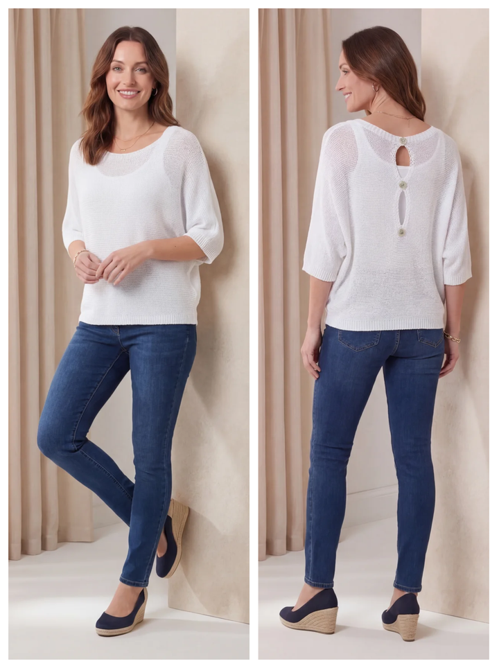 "KACEY” Button Back Fine Knit Top - White