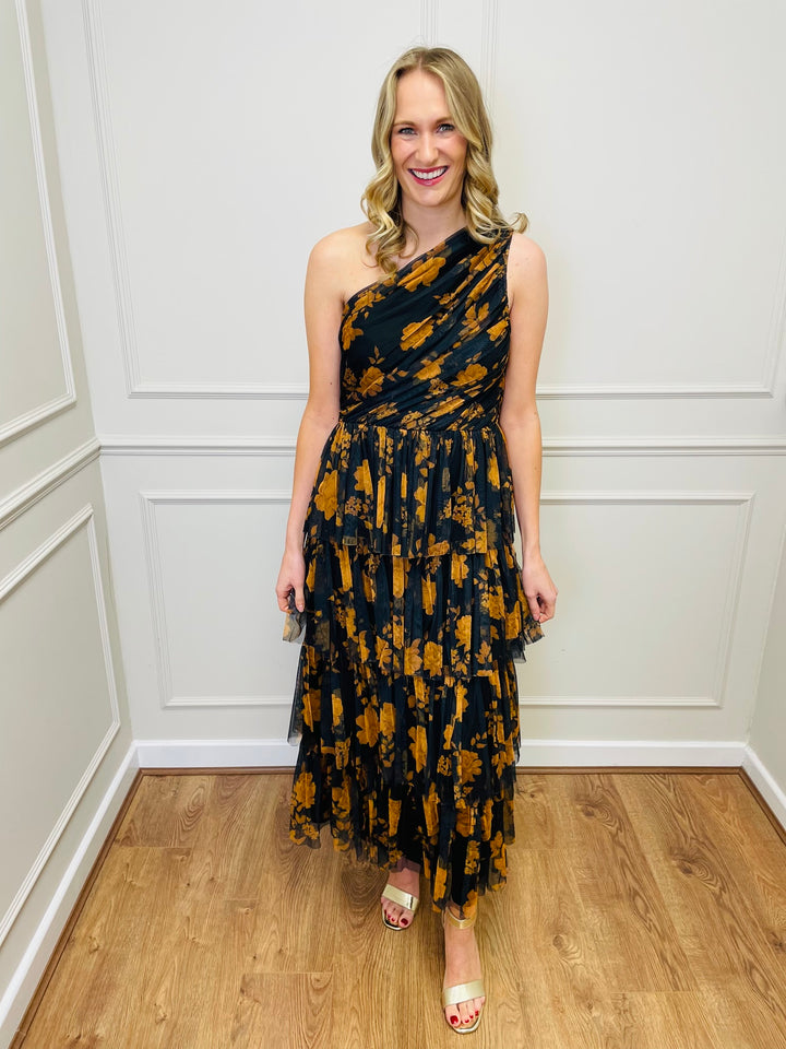 "STACEY" One Shoulder Tiered Dress-Black & Orange