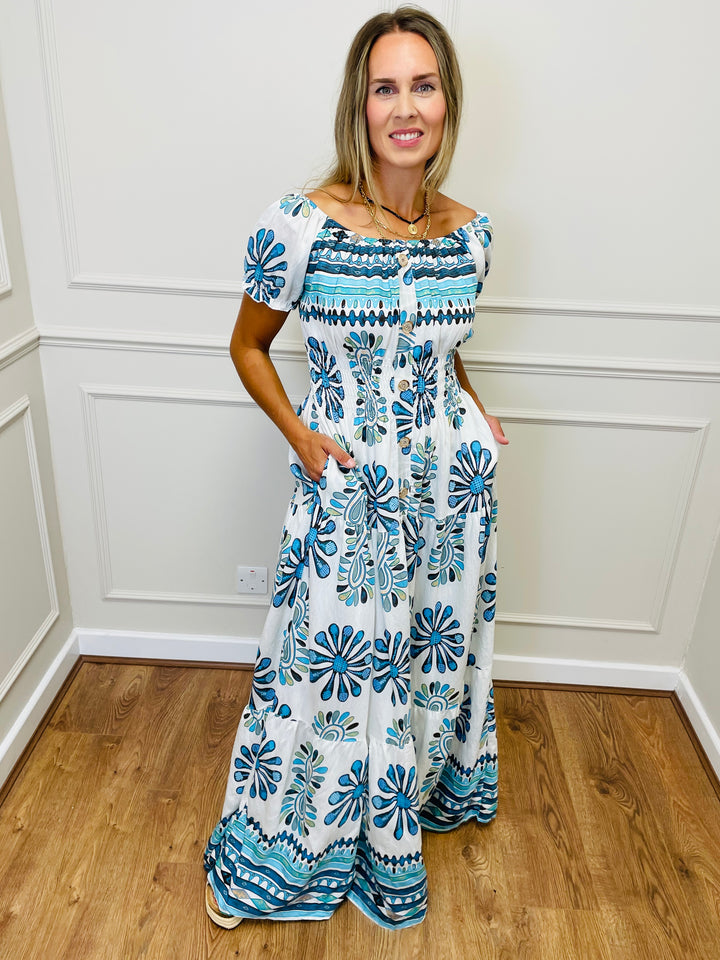"MATILDA" Artistic Print Maxi Dress-White & Blue