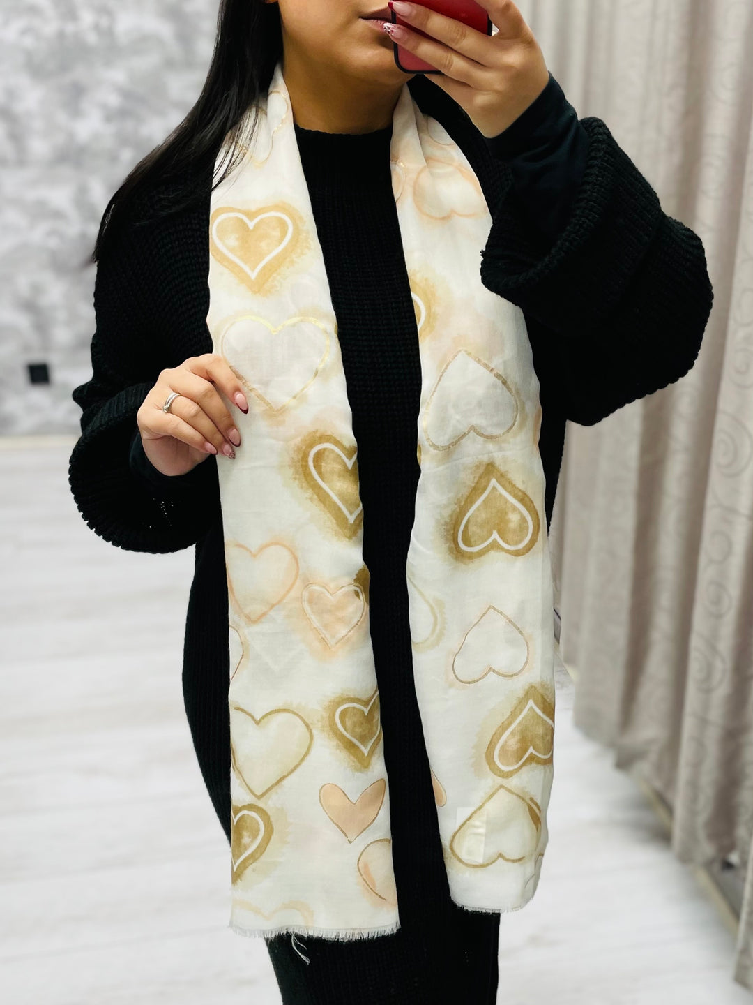 No.94 Heart Print Scarf-Cream & Gold