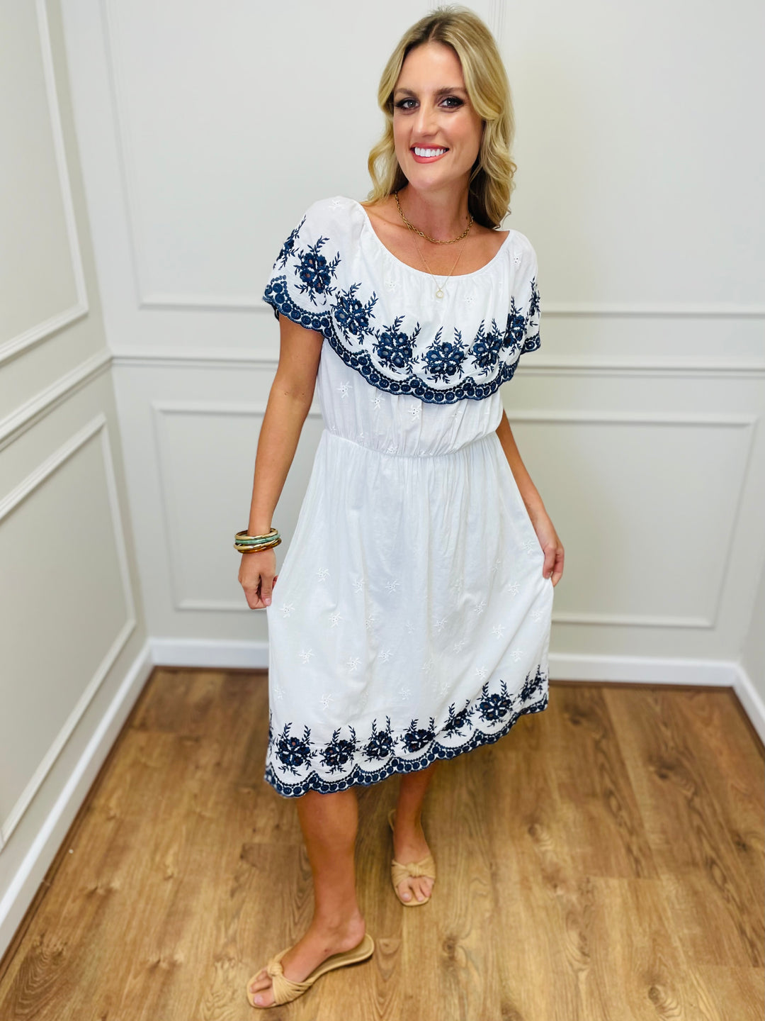 "HOLLY" Embroidered Dress-White & Navy