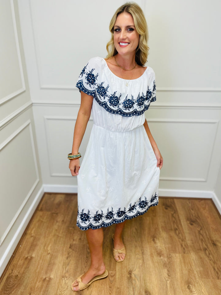 "HOLLY" Embroidered Dress-White & Navy