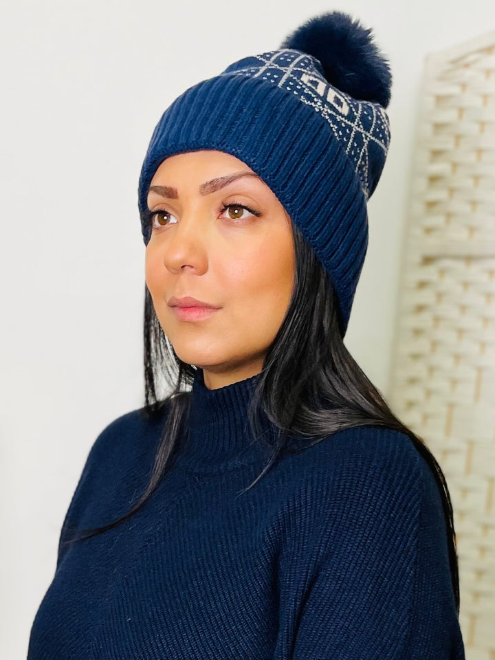 "DD" Faux Fur Pom Hat-Navy