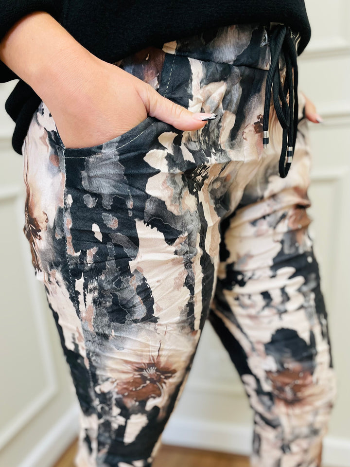 "CARMELA" Floral Print Trouser-Camel & Black