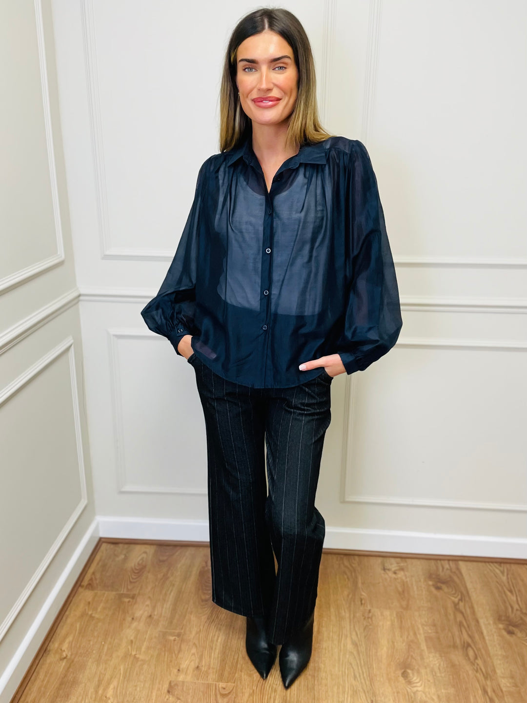 "AMELIA” Sheer Shirt-Navy