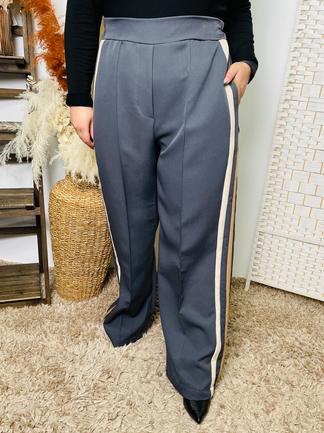 "EVELYN" Wide Leg Trousers-Grey