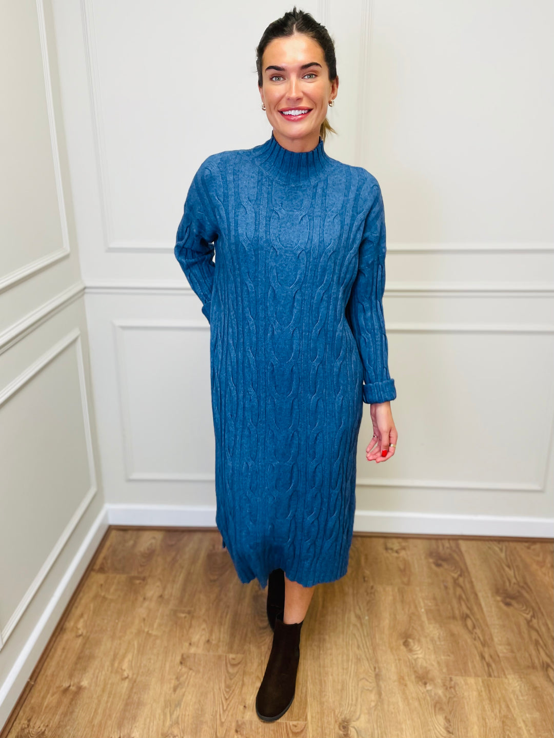 "ELY" Cable Knit Midi Dress-Denim Blue