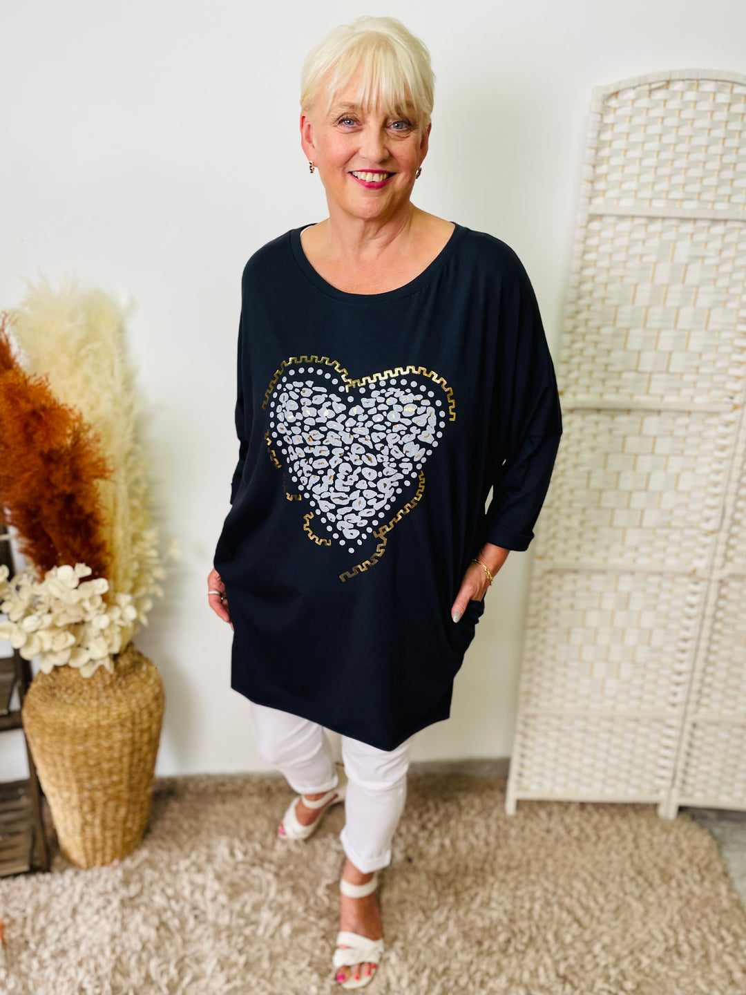 "GRACE" Heart Print Tunic-Navy