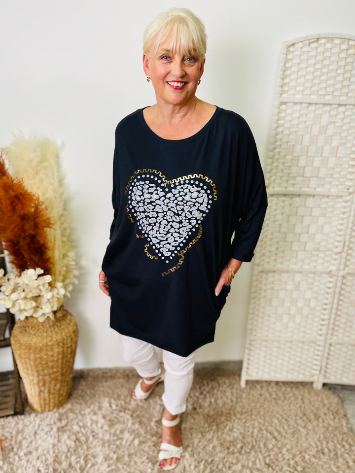 "GRACE" Heart Print Tunic-Navy