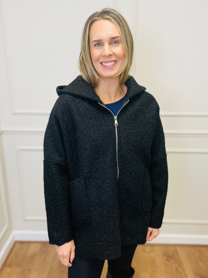 "ARLENE" Hooded Zip Coat-Black