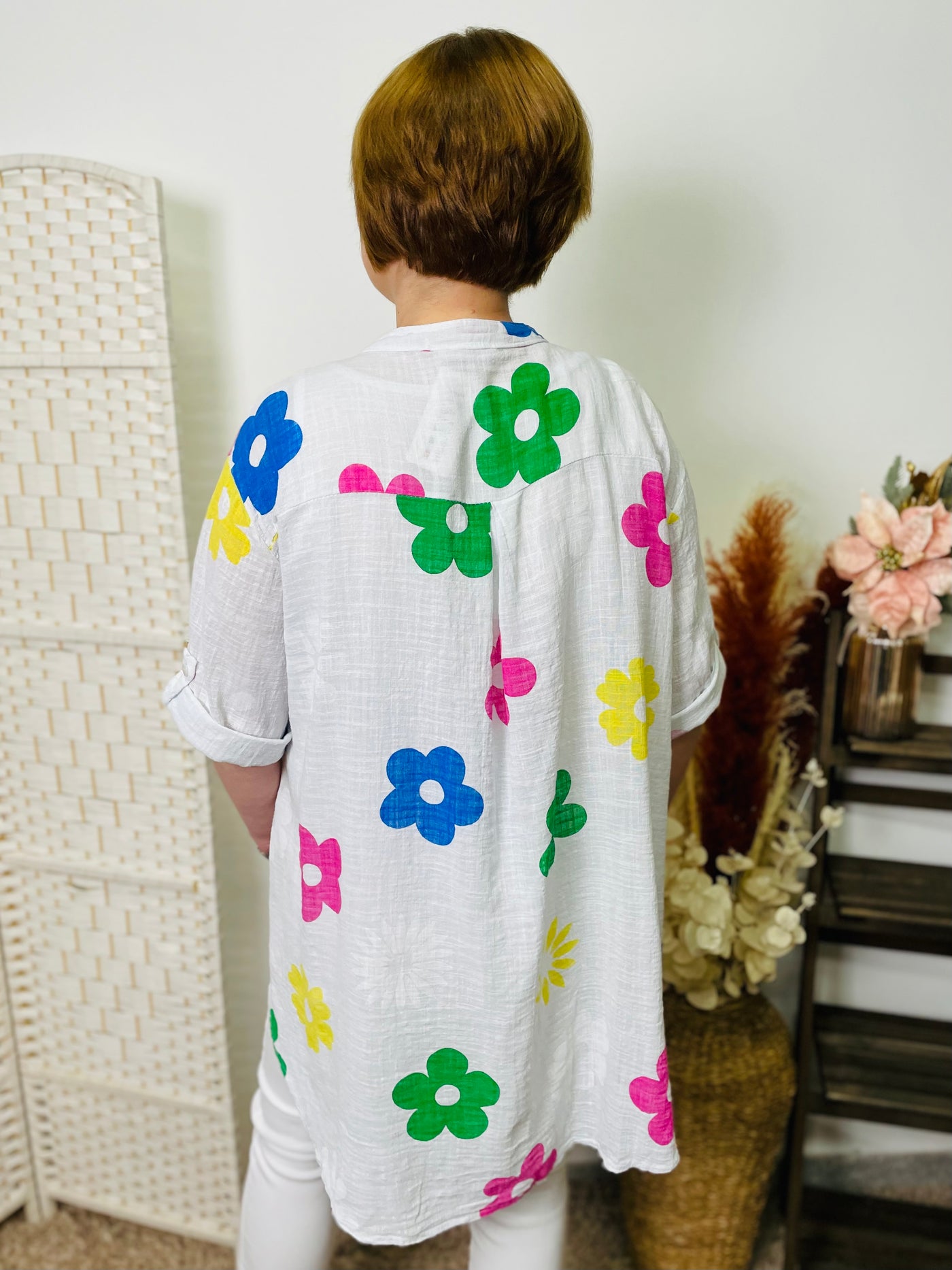 "DONNA” Floral Print Shirt-White & Multicolour