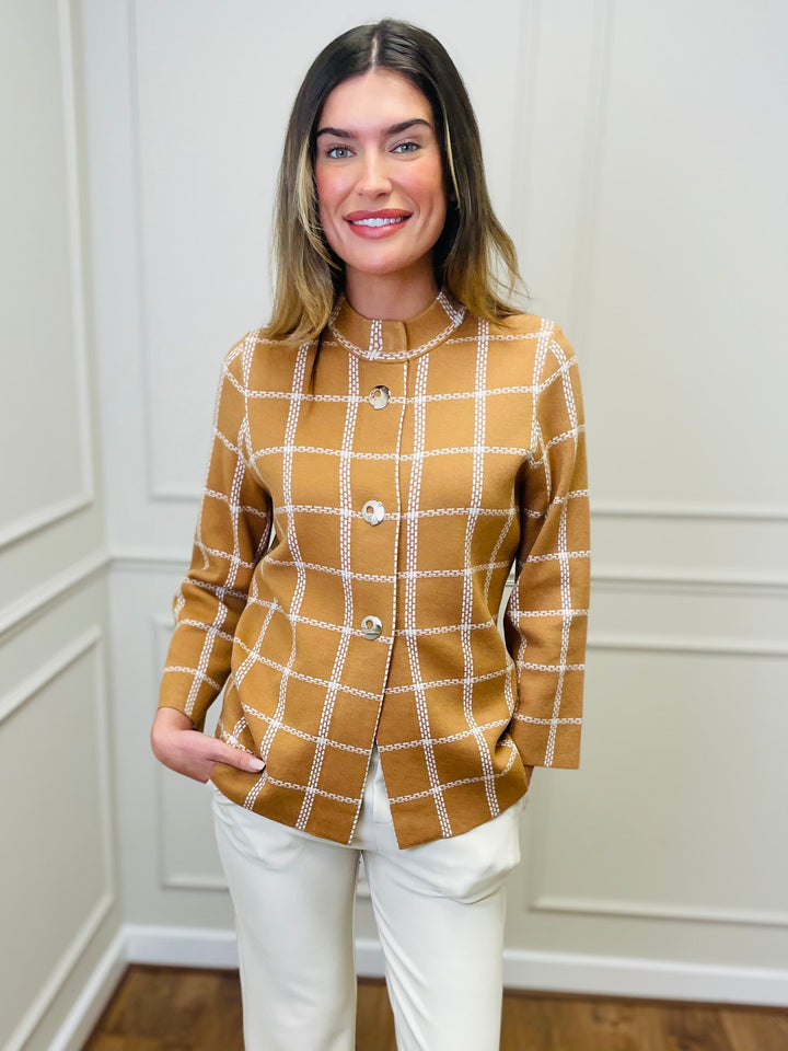 "CELINE" Windowpane Check Cardigan-Tan & White