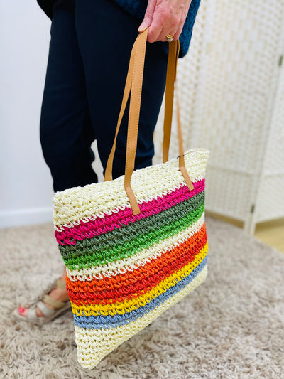 Stripe Print Beach Bag-Cream & Multicolour