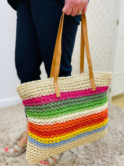 Stripe Print Beach Bag-Sand & Multicolour