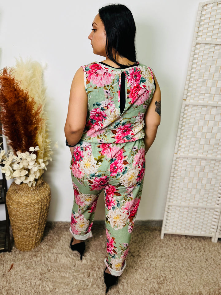 "OPHELIA" Floral Print Jumpsuit-Sage Green