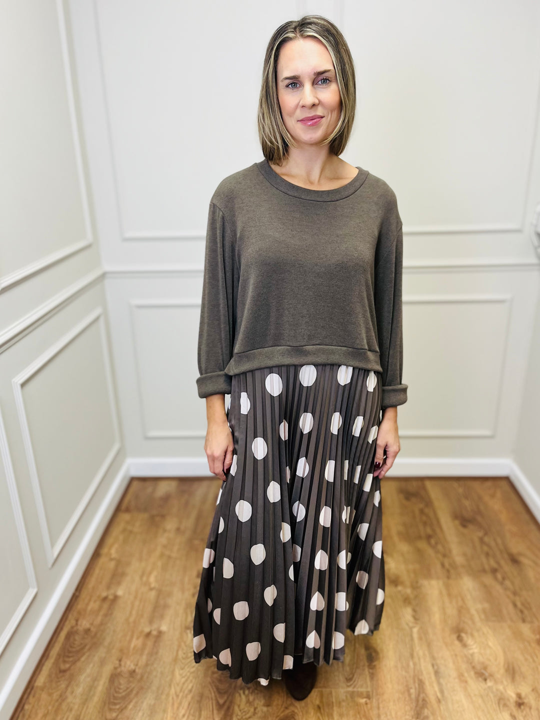 "DOTTY" Polka Dot Pleated Dress-Mocha & Cream