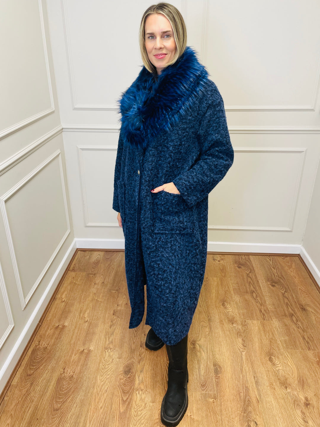 Faux Fur Collar Scarf-Navy