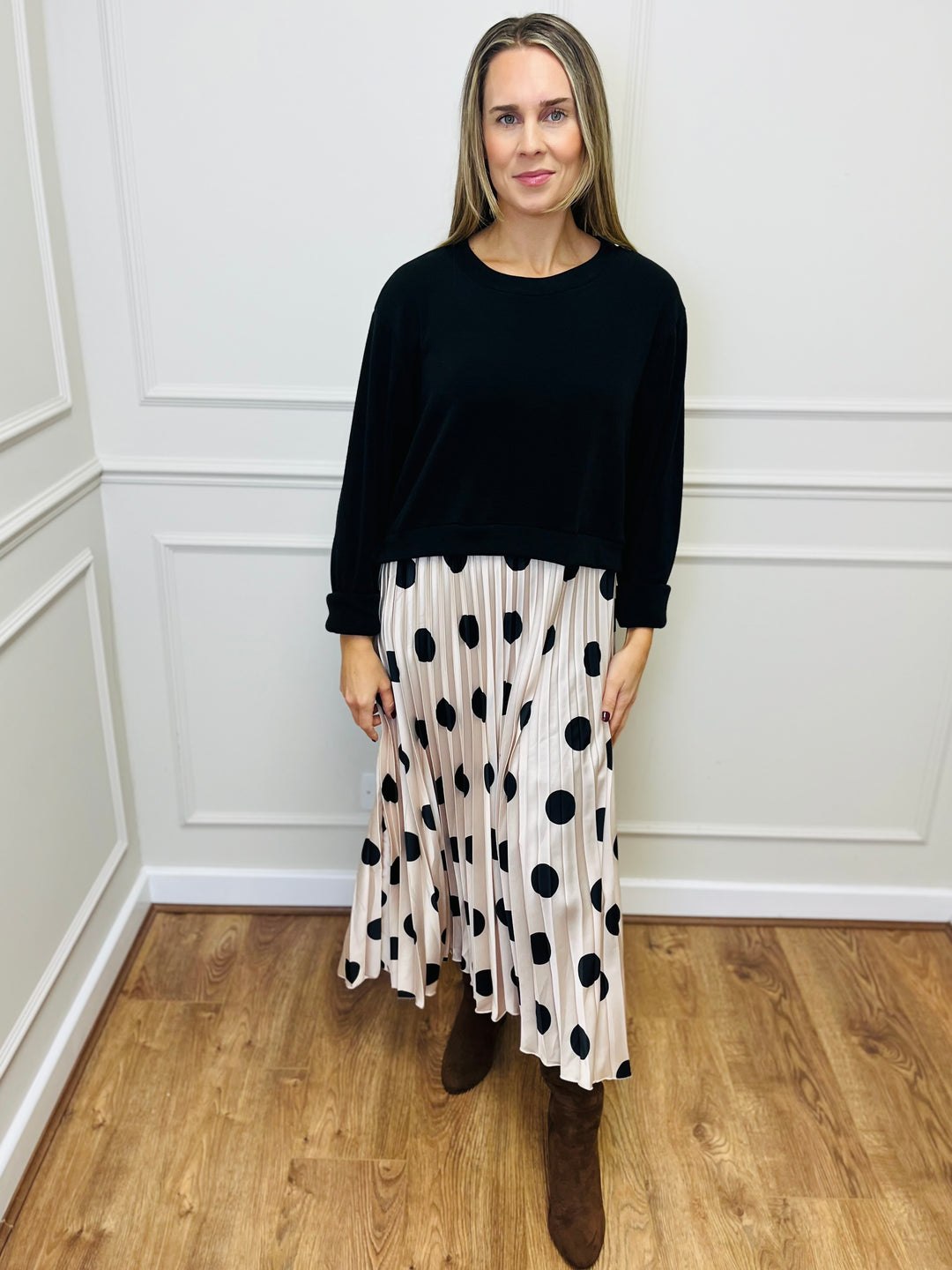 "DOTTY" Polka Dot Pleated Dress-Black & Cream