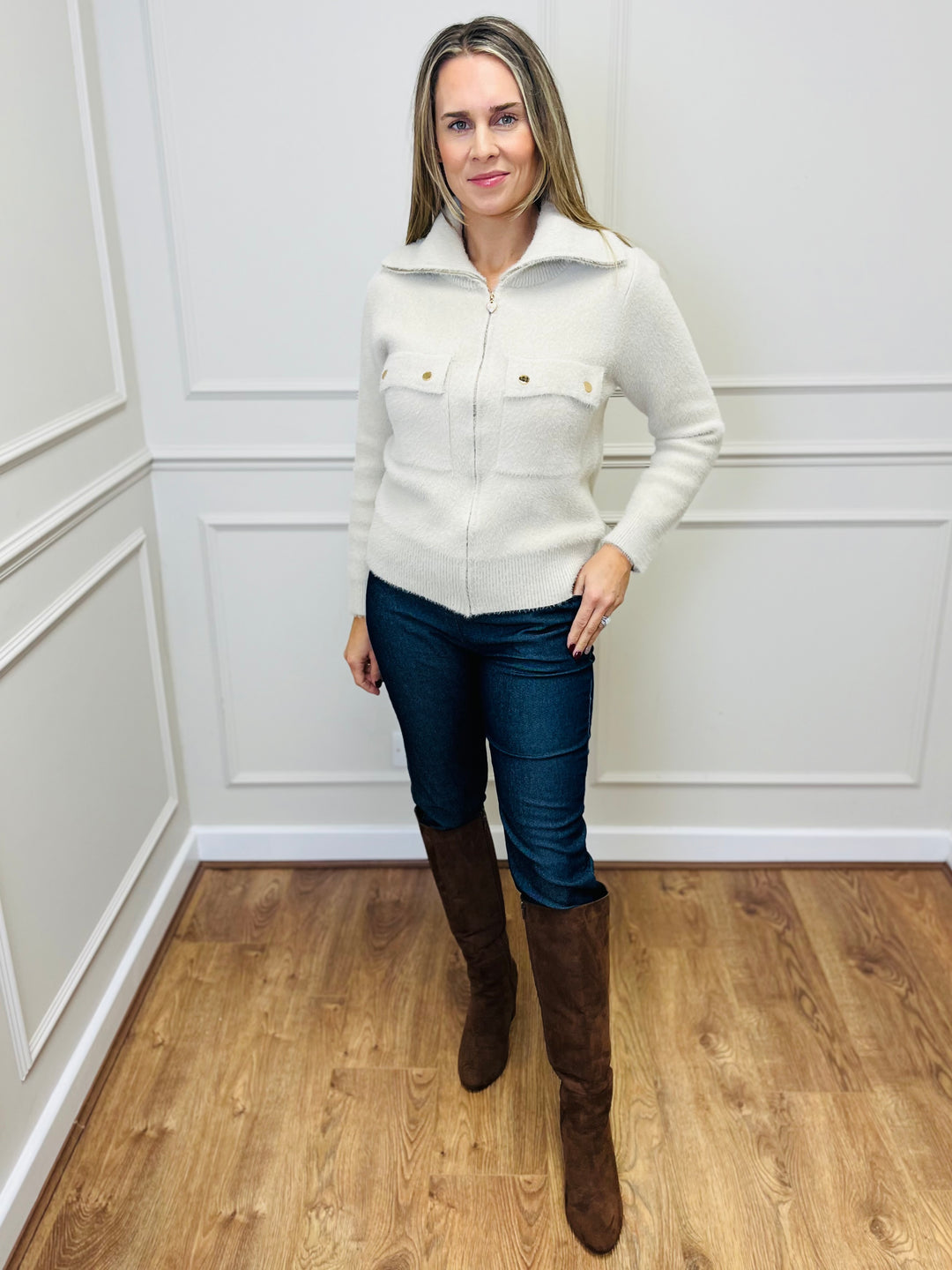 "ERICA" Zip Bomber Jacket-Cream