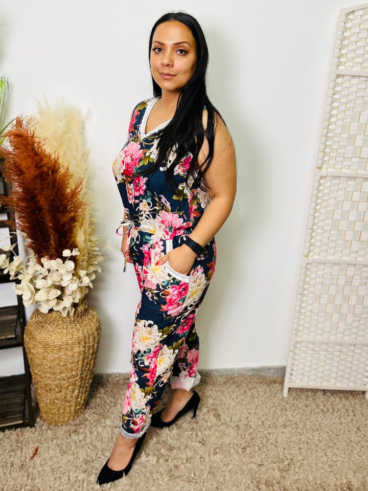 "OPHELIA" Floral Print Jumpsuit-Navy