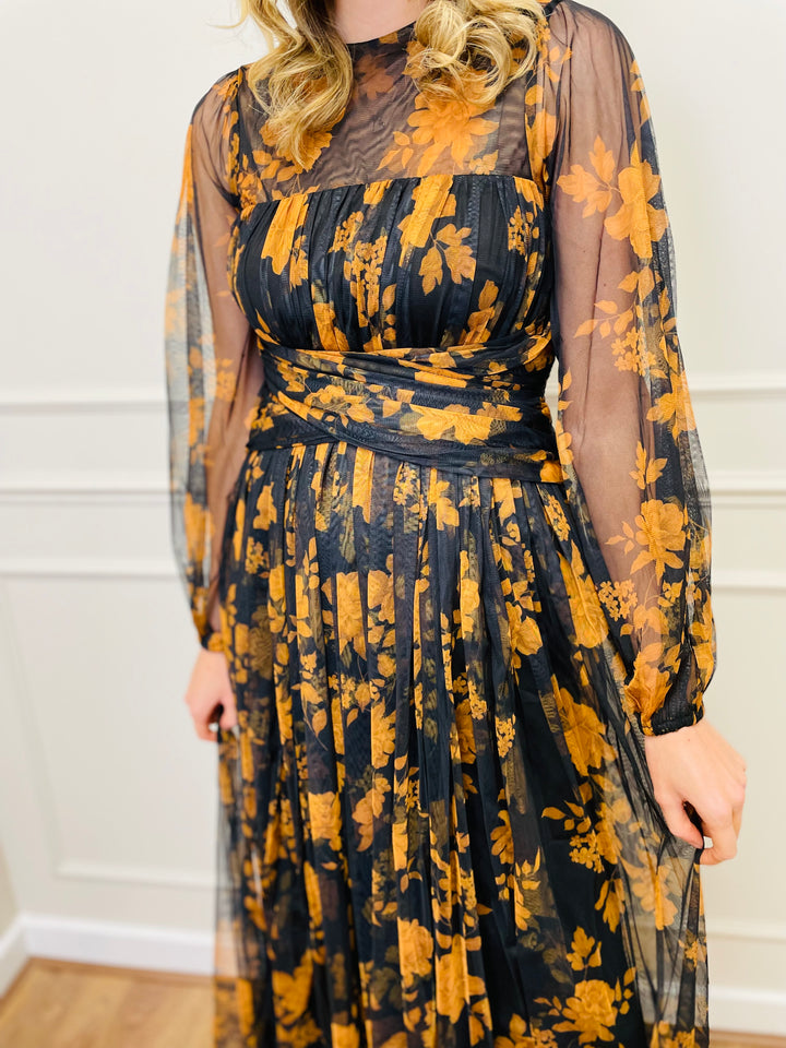 "STACEY" Chiffon Floral Dress-Black & Orange