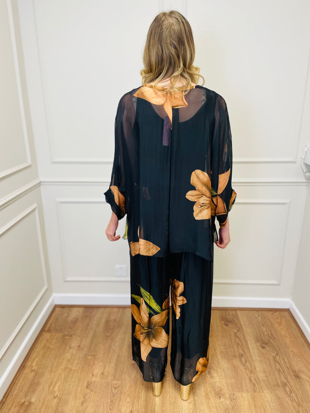 Floral Chiffon Co-Ord Set-Black & Orange