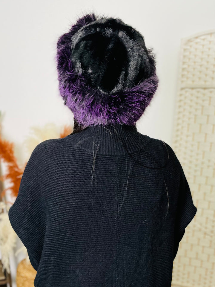 Two Tone Fur Hat-Black & Purple