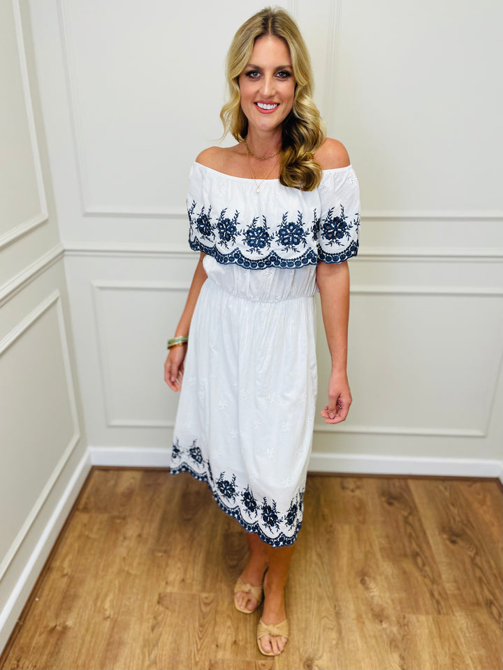 "HOLLY" Embroidered Dress-White & Navy