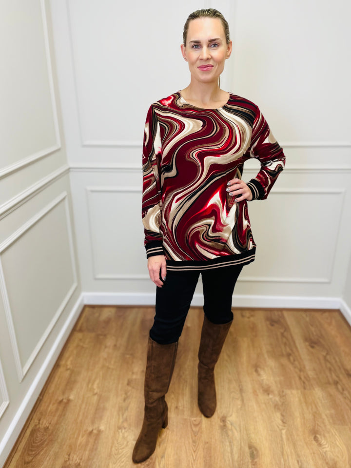"ANNA" Printed Blouse-Burgundy & Tan