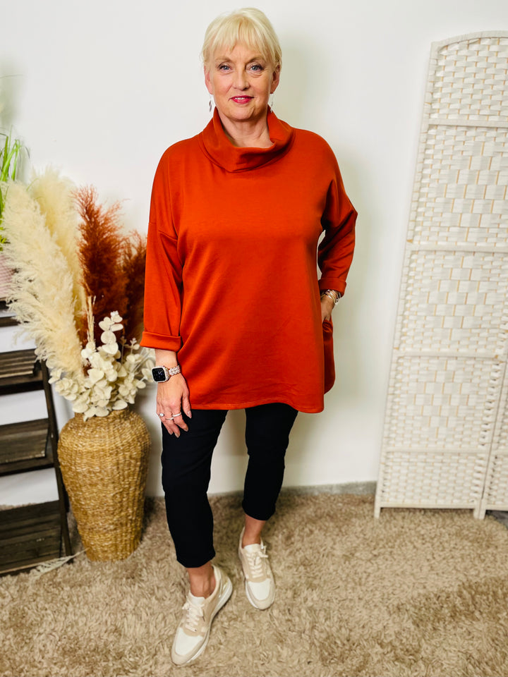 "CANDICE" Cowl Neck Top-Rust Orange