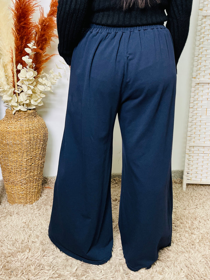 "MAGGIE" Wide Leg Cotton Trousers-Navy