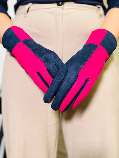 Block Print Gloves-Navy & Pink