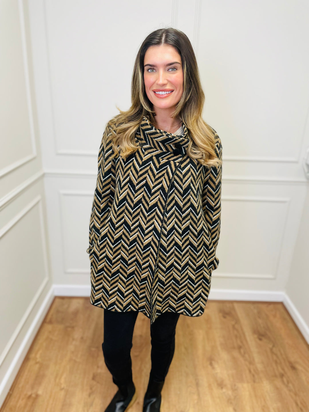 "CELINE" Chevron Coatigan-Black & Tan