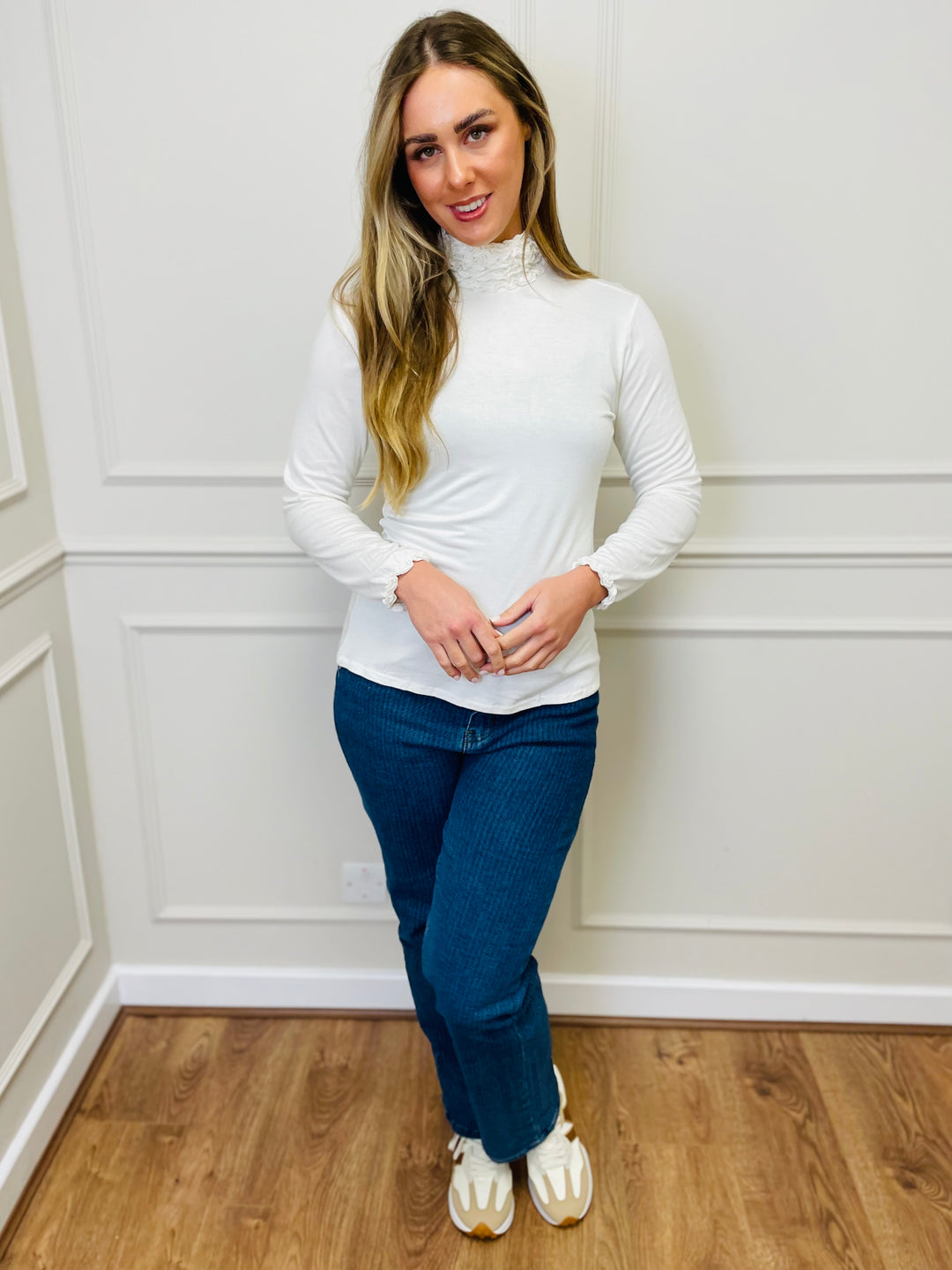 "LIVIA" Ruffle Polo Neck Top-White