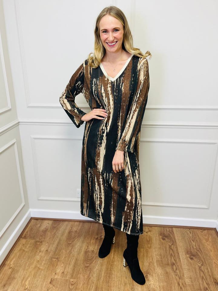 "SANDY" Artistic Print Maxi Dress-Brown