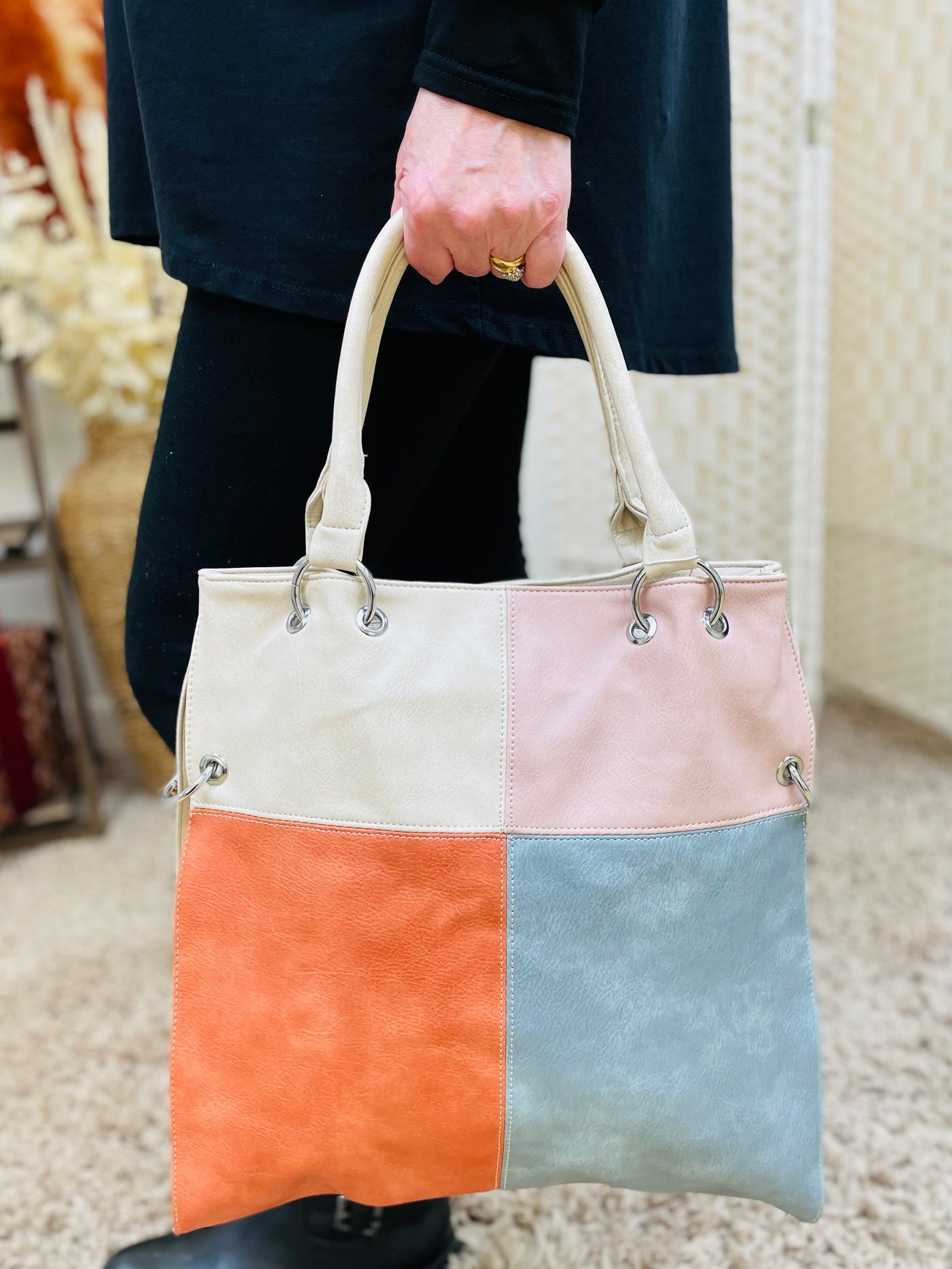 Colour Block Tote Handbag-Cream/Orange & Blue