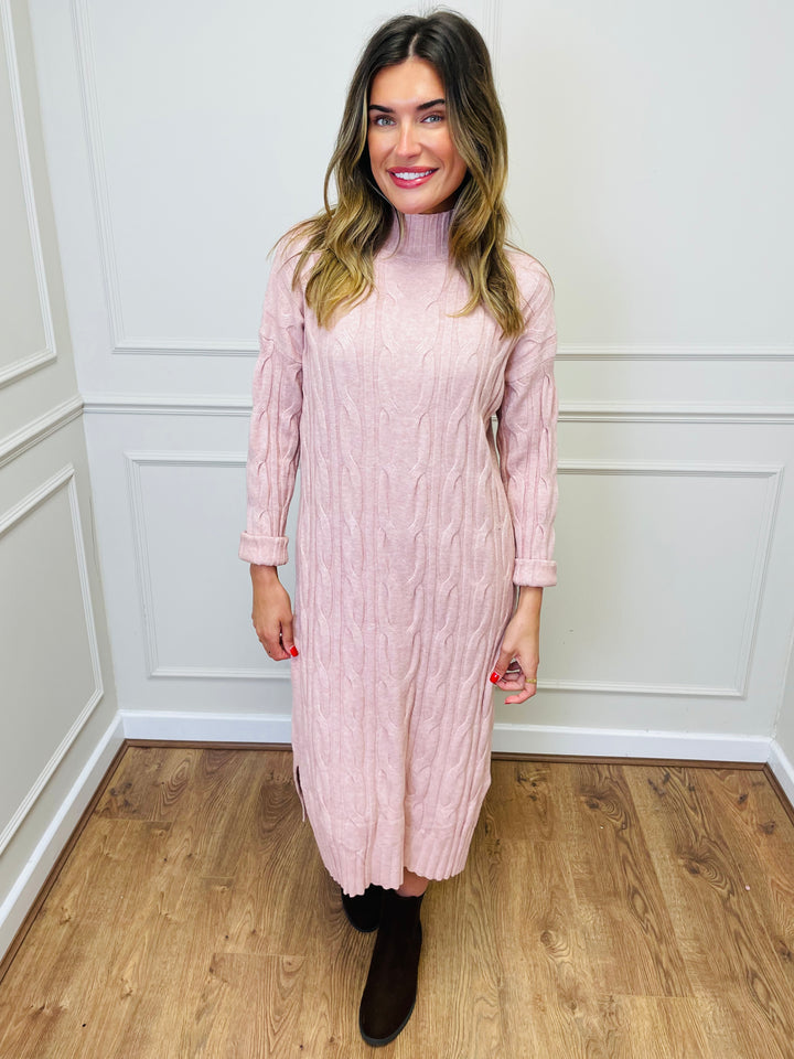 "ELY" Cable Knit Midi Dress-Blush Pink
