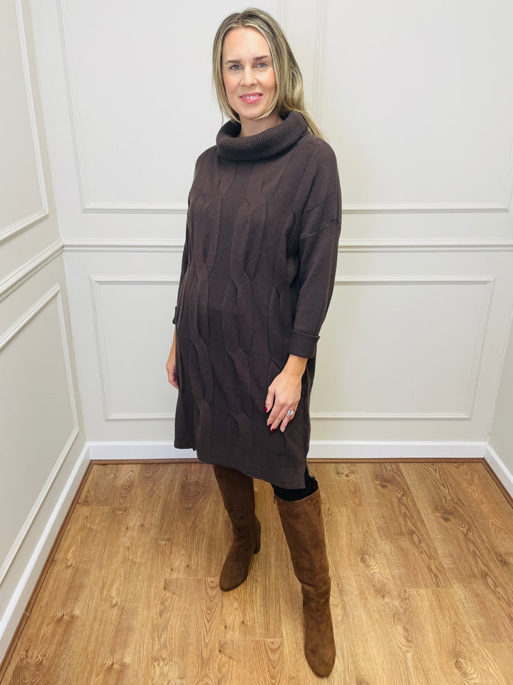 "BELINDA" Cable Knit Roll Neck Dress-Brown