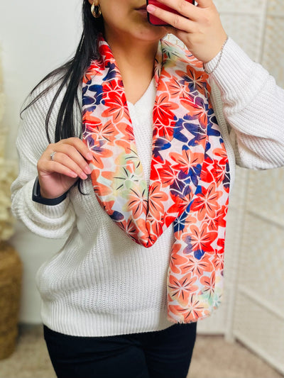 No.44 Floral Print Scarf-White & Red