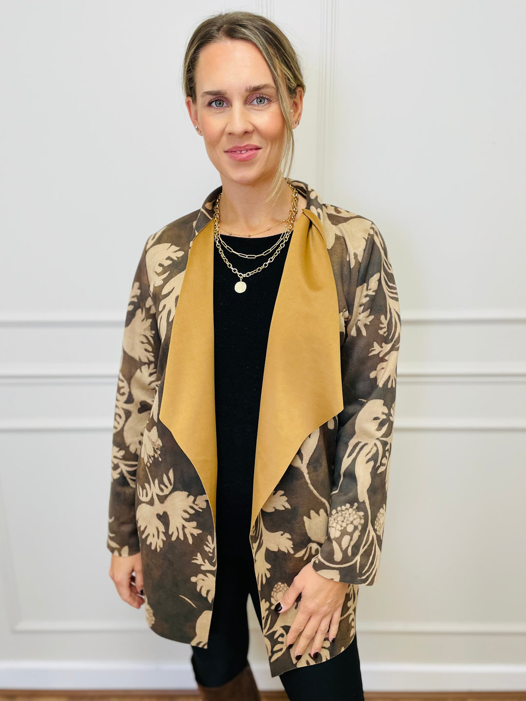 "PAULA" Floral Print Waterfall Jacket-Tan & Brown