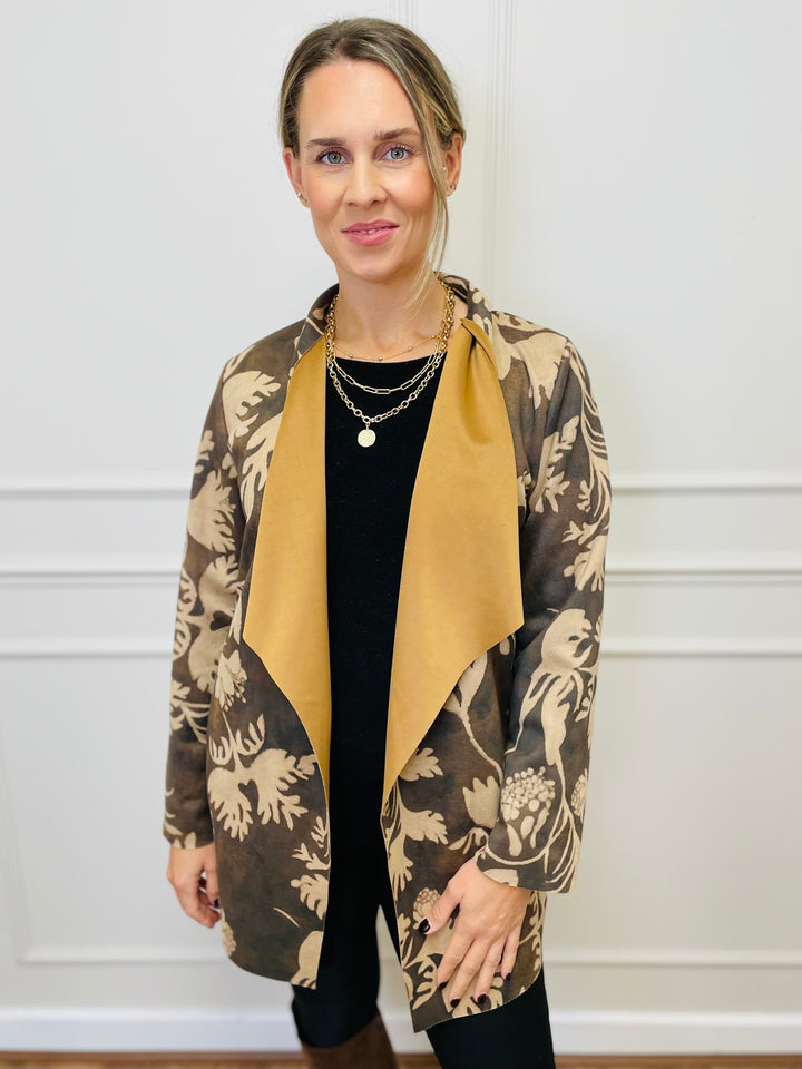 "PAULA" Floral Print Waterfall Jacket-Tan & Brown